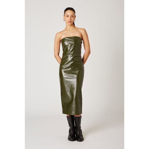 NIA Muna Vegan leather strapless bodycon midi dress olive Green Cocktail S NWT - Picture 1 of 7